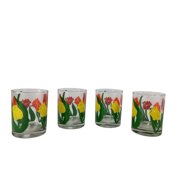 Set Of 4 Vtg Retro Anchor Hocking Lowball Rocks Glasses with Multicolor Tulip - Picture 5 of 7